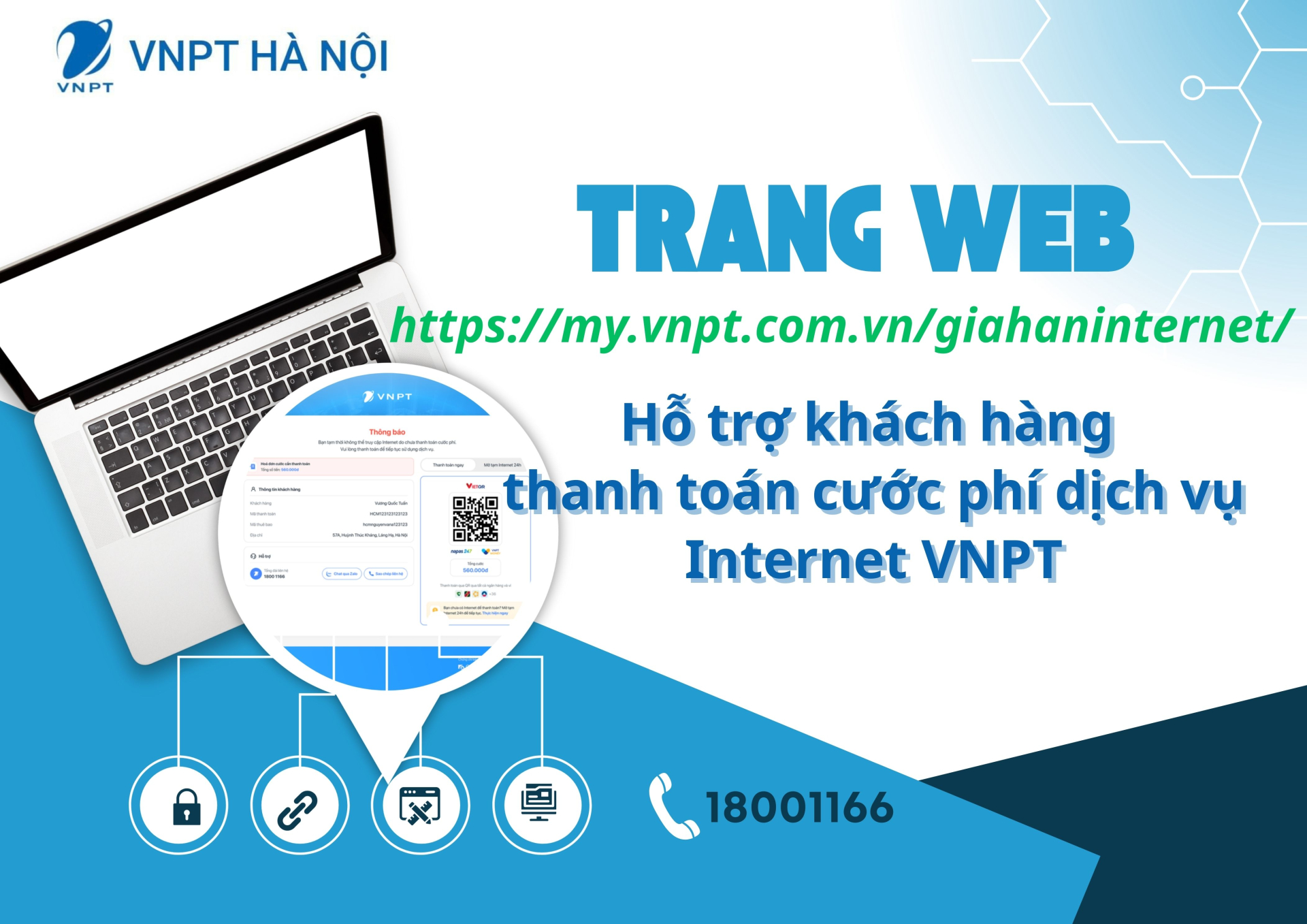 VNPT Hà Nội hướng dẫn khách hàng gia hạn, đóng cước và tự động mở lại Internet khi bị khóa nợ cước.
